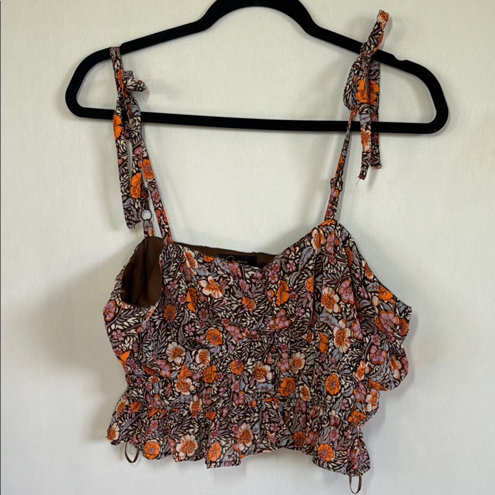 Japna Floral Crop Tank Boho Cottagecore Tie‎ Strap Orange Brown Large NWOT